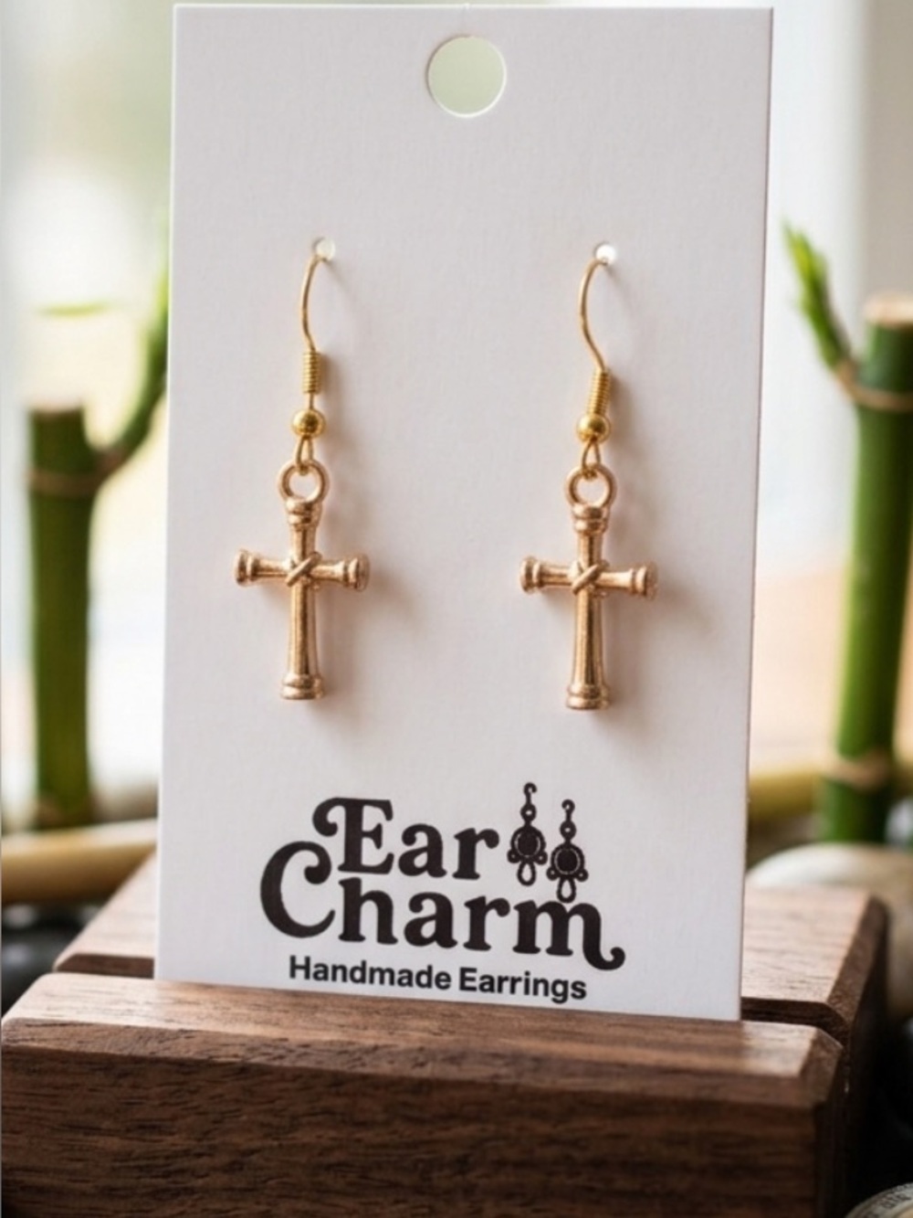New Handmade Gold Cross Dangle Earrings
